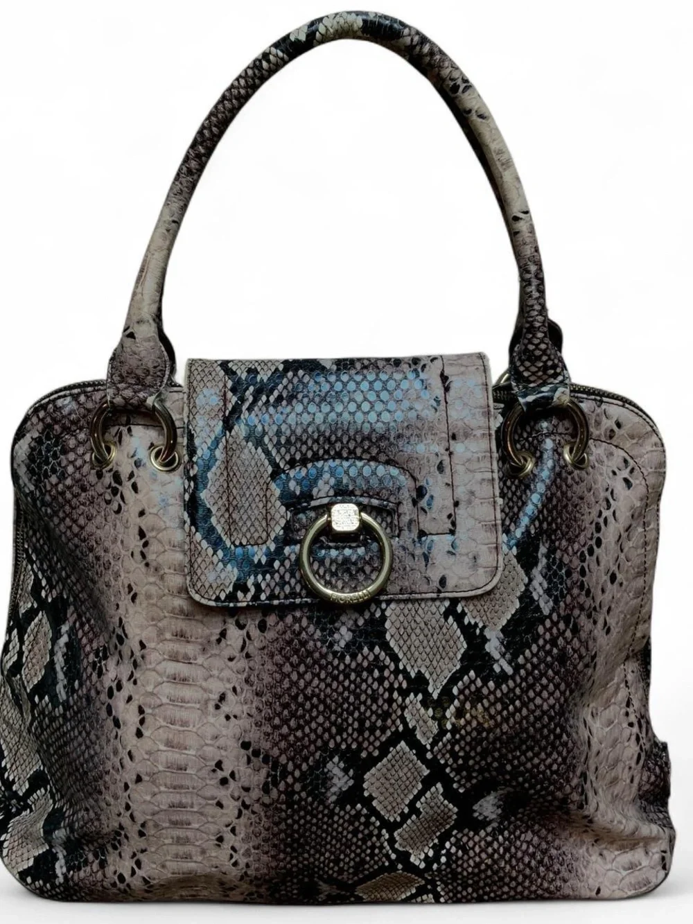 Snake-Print Tote Handbag in Taupe and Black